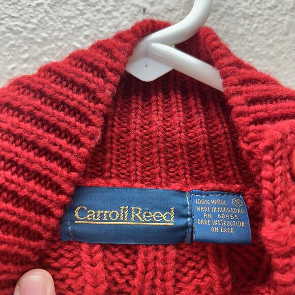 CARROLL REED Sweater 100% Wool Button Turtleneck Grandma Red Cable Knit Outdoors - Picture 3 of 6